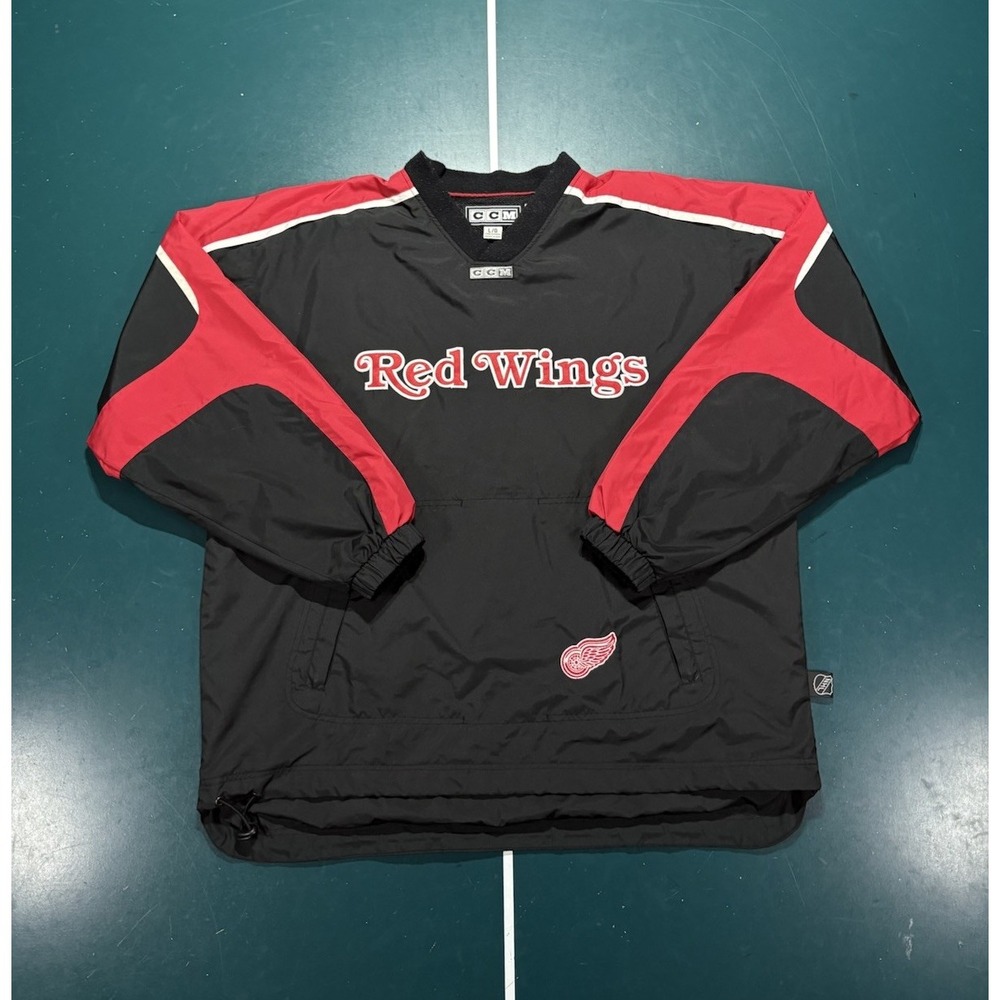 Vintage Detroit Red Wings CCM Pullover Windbreaker Jacket Men's Large Black 90s